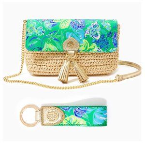 Lilly Pulitzer Botanical Green In A Flutter Straw Crossbody and Key Fob